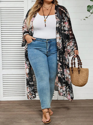 Cárdigan casual de manga larga con estampado floral, tallas cómodas para mujer