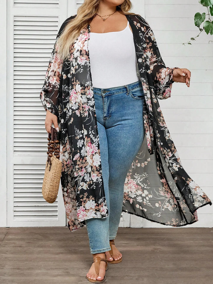 Cárdigan casual de manga larga con estampado floral, tallas cómodas para mujer