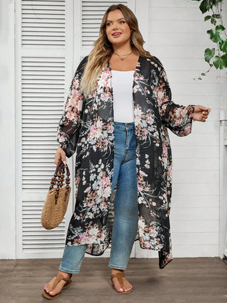 Cárdigan casual de manga larga con estampado floral, tallas cómodas para mujer
