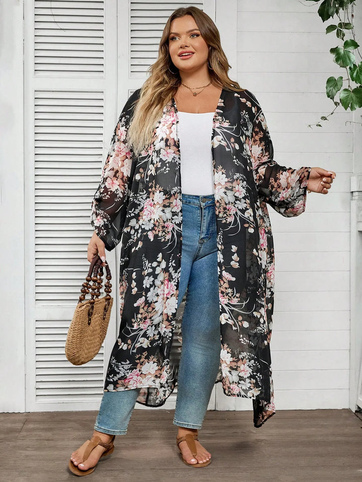 Cárdigan casual de manga larga con estampado floral, tallas cómodas para mujer