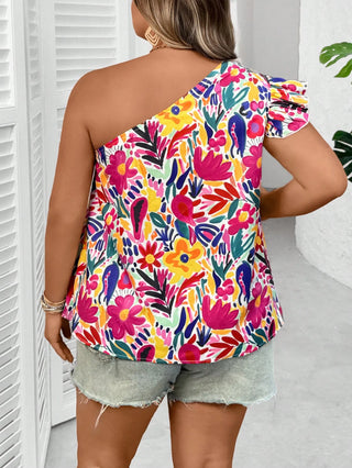 Blusa oversize con estampado floral y mangas acampanadas con un hombro, estilo casual de vacaciones en la isla