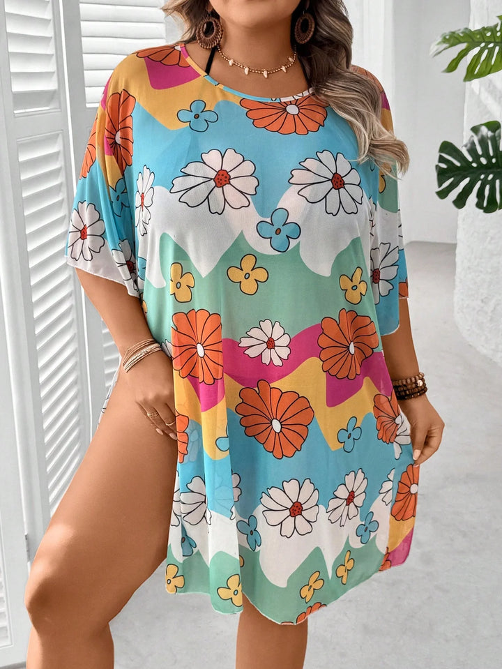 Vestido de cobertura en red translúcida con abertura lateral, para tallas curvy, sin bikini, adecuado para playa, vacaciones, graduación, fiesta de té y otros eventos de verano para mujeres