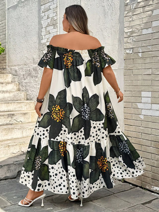 Vestido casual de vacaciones en tallas grandes con estampado floral y hombros descubiertos