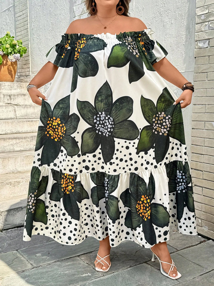 Vestido casual de vacaciones en tallas grandes con estampado floral y hombros descubiertos