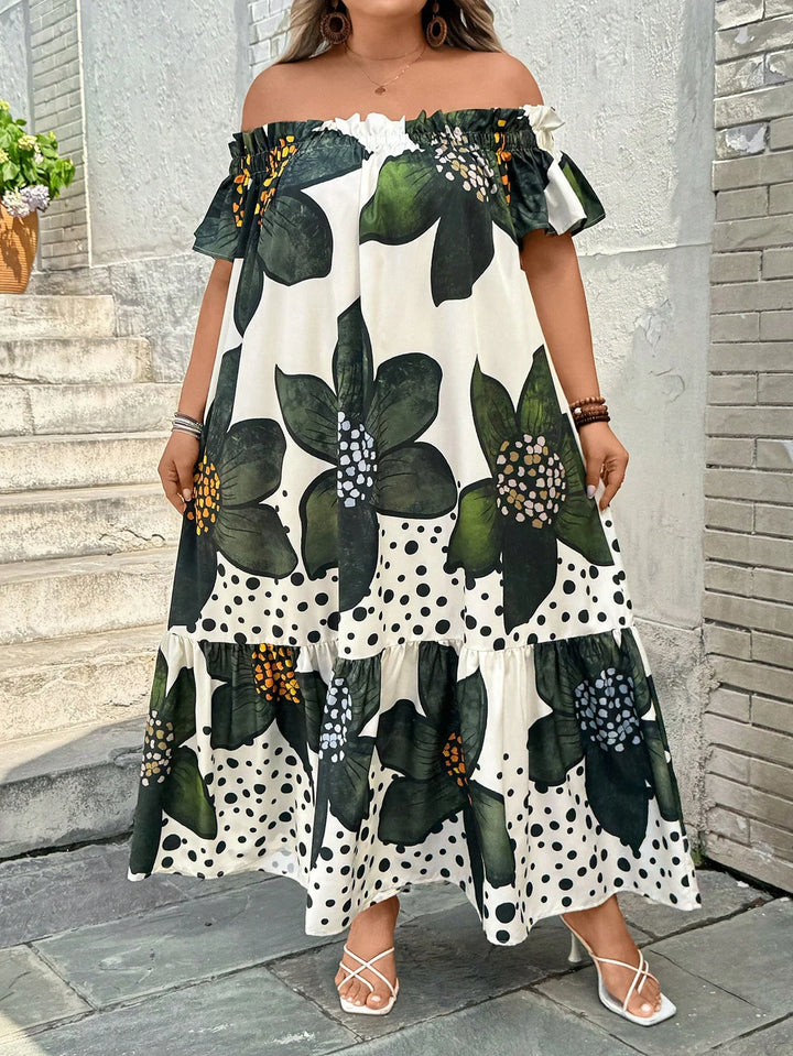 Vestido casual de vacaciones en tallas grandes con estampado floral y hombros descubiertos