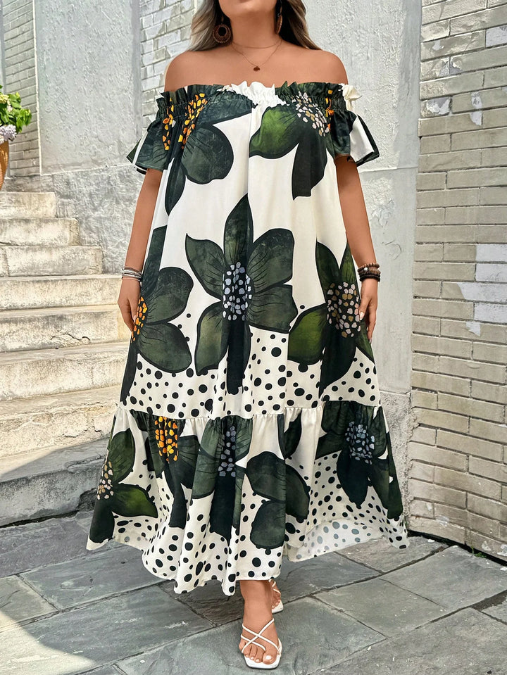 Vestido casual de vacaciones en tallas grandes con estampado floral y hombros descubiertos