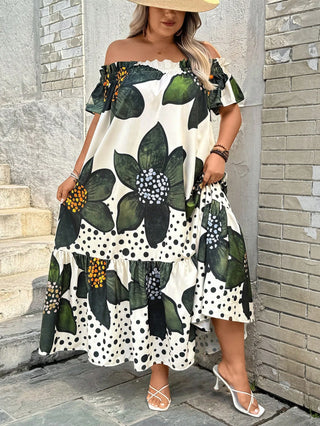 Vestido casual de vacaciones en tallas grandes con estampado floral y hombros descubiertos