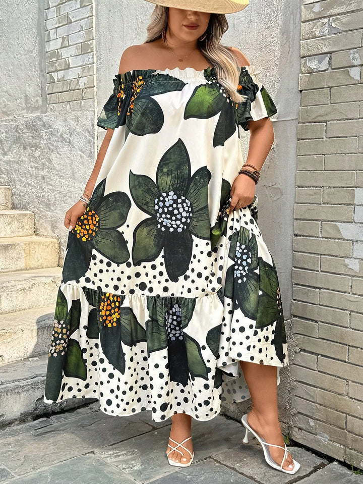 Vestido casual de vacaciones en tallas grandes con estampado floral y hombros descubiertos