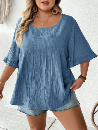 Blusa kaki amplia con mangas cortas fruncidas, dobladillo casual amplio, adecuada para el uso diario y las vacaciones, verano, tallas cómodas, verano, Hoho Vacation
