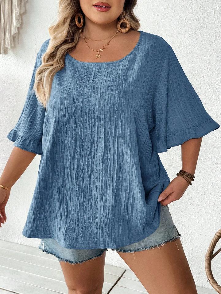 Blusa kaki amplia con mangas cortas fruncidas, dobladillo casual amplio, adecuada para el uso diario y las vacaciones, verano, tallas cómodas, verano, Hoho Vacation