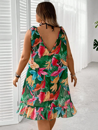 Vestido de verano verde amplio con capucha, estilo vacacional, con estampado tropical de plantas y nudo en el hombro, para tallas grandes