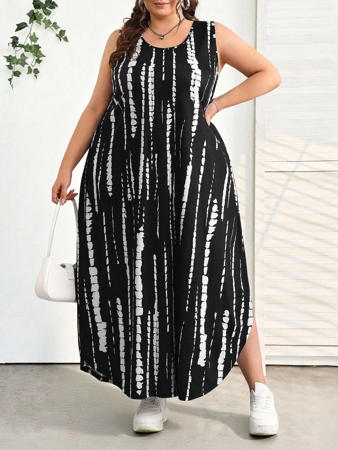 Vestido casual elegante de mujer con escote en V, sin mangas, con dobladillo, cinturón