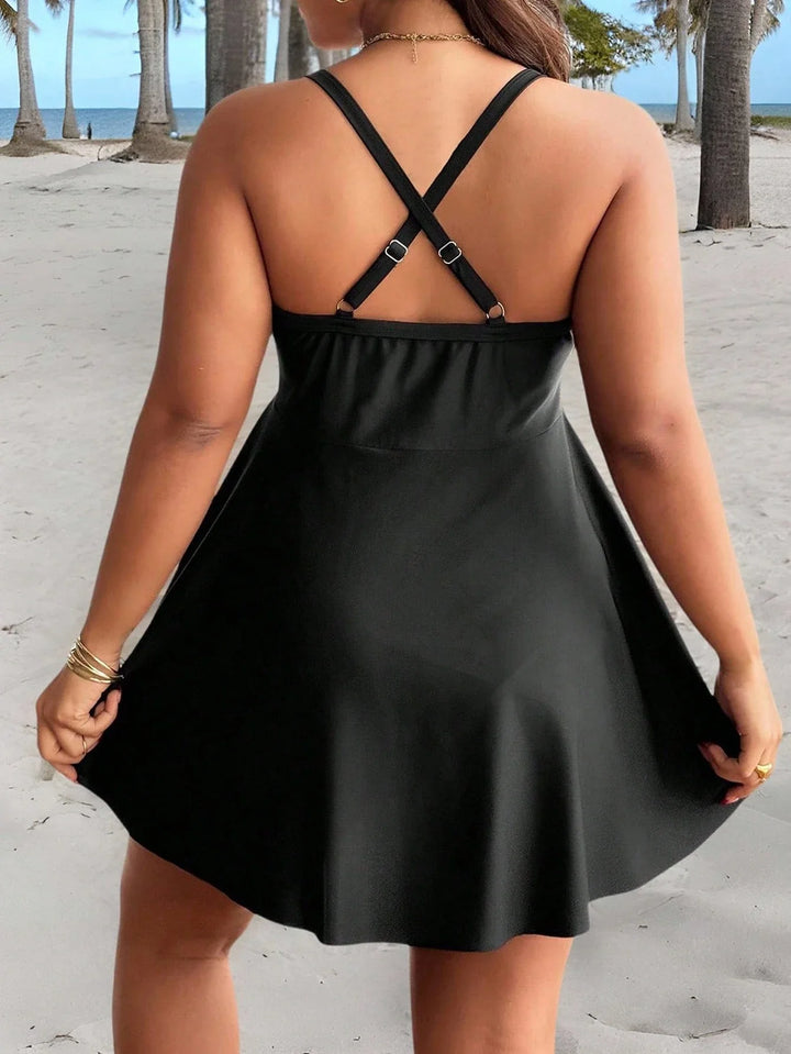 Traje de baño de verano talla grande para mujer, traje de una pieza negro con fruncidos y lazo delantero, set burkini para vacaciones en la playa