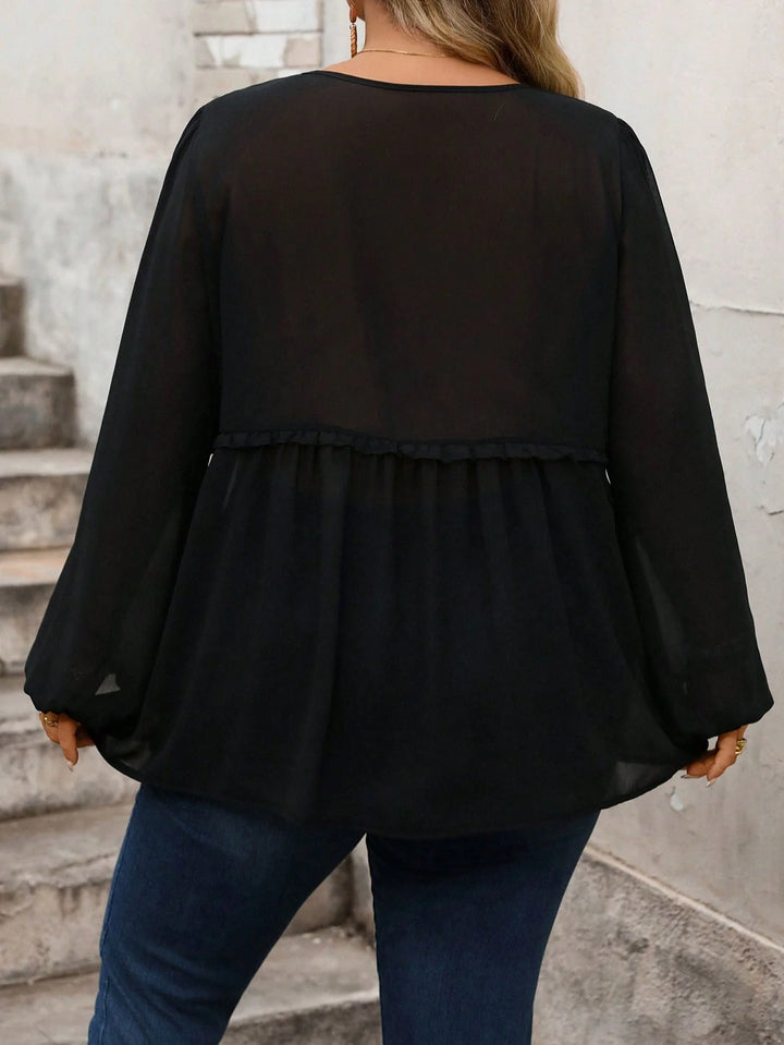 Camisas de manga larga en chiffon color vino y negro, elegantes y acampanadas, estilo casual