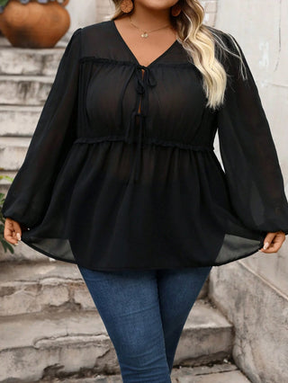 Camisas de manga larga en chiffon color vino y negro, elegantes y acampanadas, estilo casual