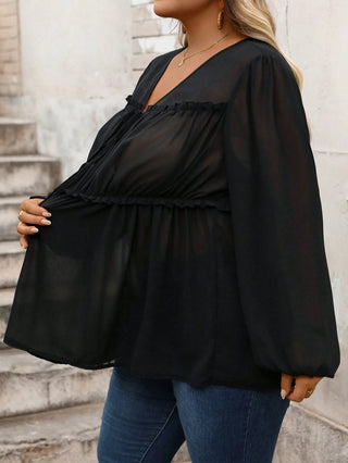 Camisas de manga larga en chiffon color vino y negro, elegantes y acampanadas, estilo casual