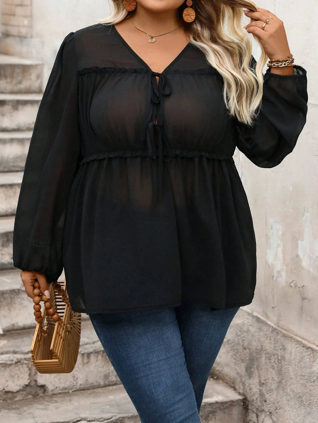 Camisas de manga larga en chiffon color vino y negro, elegantes y acampanadas, estilo casual