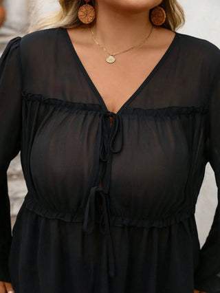Camisas de manga larga en chiffon color vino y negro, elegantes y acampanadas, estilo casual
