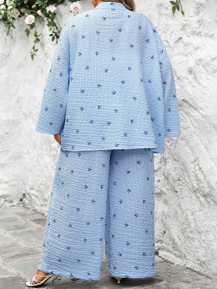 Conjunto de mujer oversize de 2 piezas, casual minimalista, con estampado de lazo y rayas, top y pantalones, para el verano