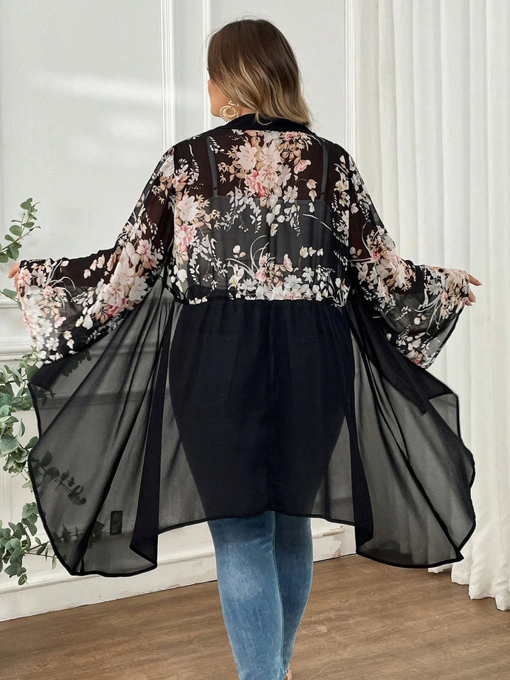 Cárdigan kimono en chiffon con flores y mangas largas, de talla cómoda, en estilo resort/concierto/Pascua/campo/oeste/bohemio para mujer