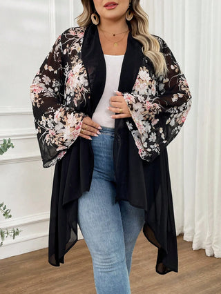 Cárdigan kimono en chiffon con flores y mangas largas, de talla cómoda, en estilo resort/concierto/Pascua/campo/oeste/bohemio para mujer