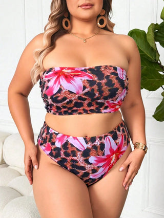 Bikini de tallas grandes para mujer con top de banda con estampado floral y de leopardo y pantalones de baño de cintura alta con estampado, conjunto de ropa de playa elegante y casual