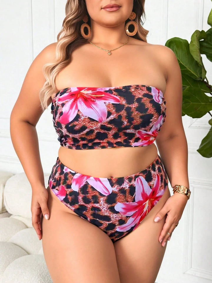 Bikini de tallas grandes para mujer con top de banda con estampado floral y de leopardo y pantalones de baño de cintura alta con estampado, conjunto de ropa de playa elegante y casual