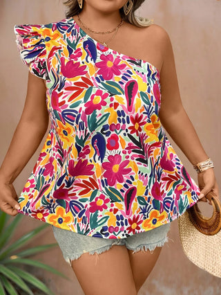 Blusa oversize con estampado floral y mangas acampanadas con un hombro, estilo casual de vacaciones en la isla