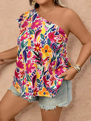 Blusa oversize con estampado floral y mangas acampanadas con un hombro, estilo casual de vacaciones en la isla
