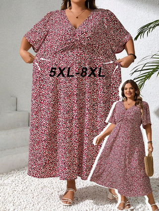 Vestido casual con escote en V, mangas cortas, estampado floral, tallas grandes