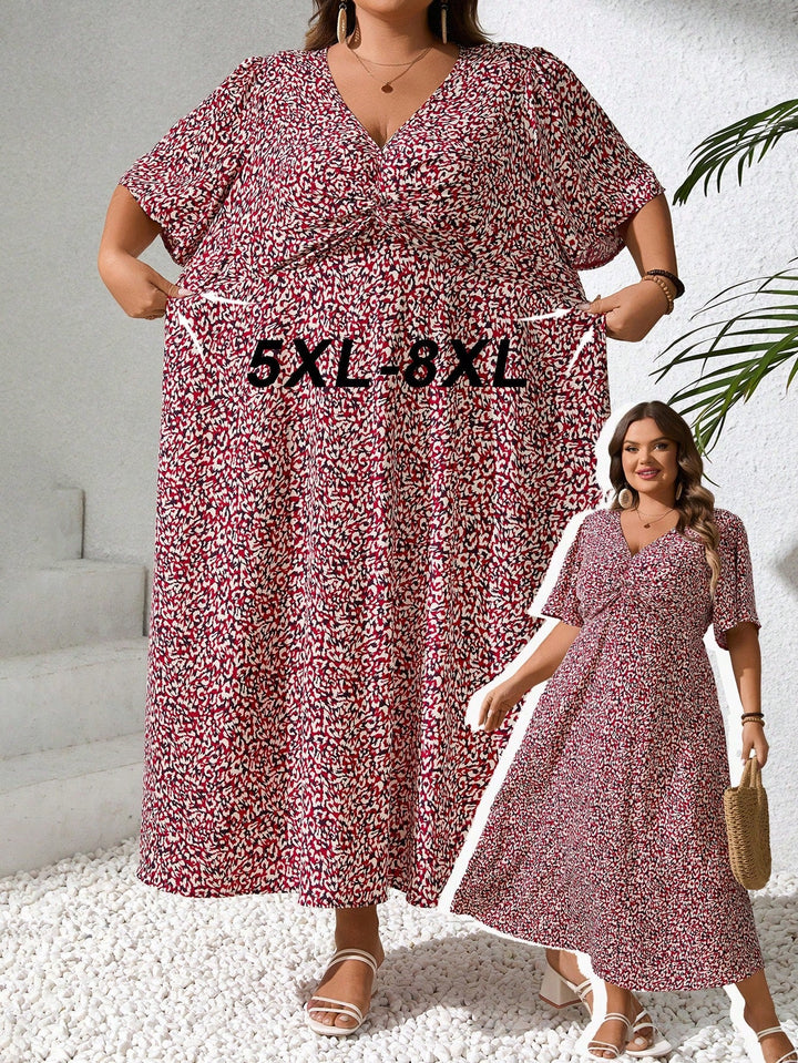 Vestido casual con escote en V, mangas cortas, estampado floral, tallas grandes