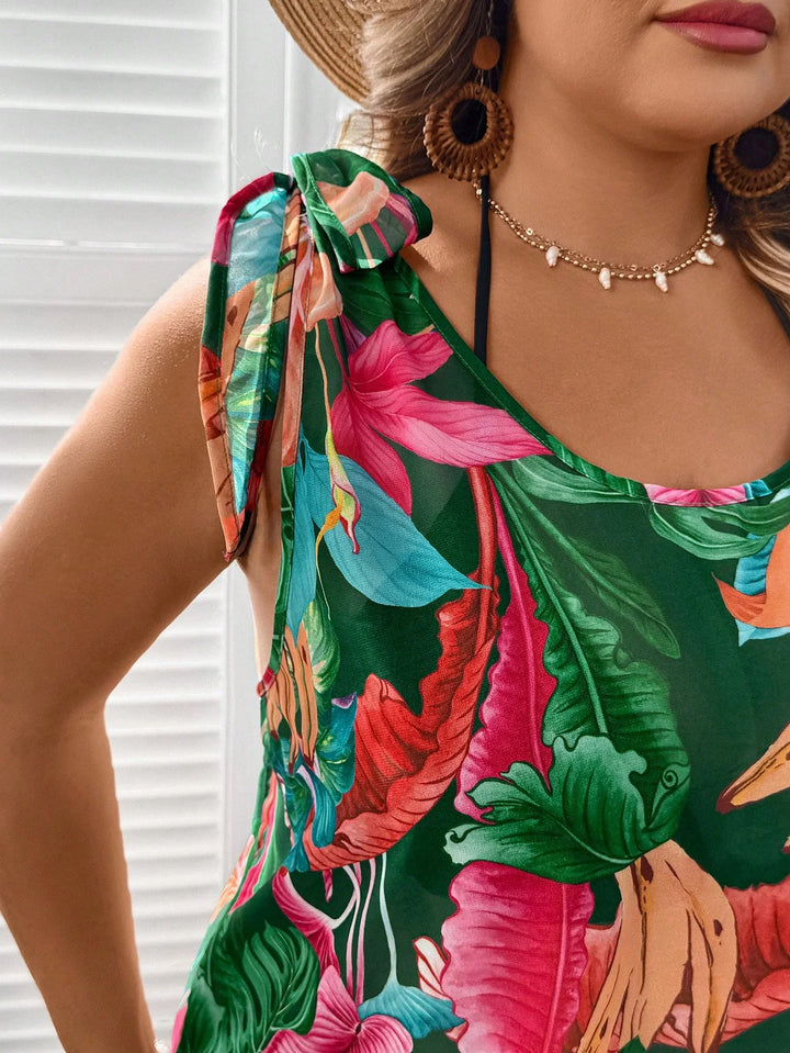 Vestido de verano verde amplio con capucha, estilo vacacional, con estampado tropical de plantas y nudo en el hombro, para tallas grandes