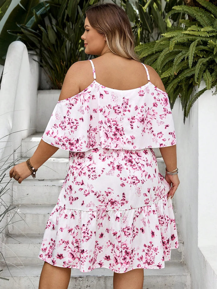 Vestido de vacaciones con estampado floral, sin tirantes, de manga corta, para tallas grandes, adecuado para vacaciones en la playa/campo, atuendo de playa