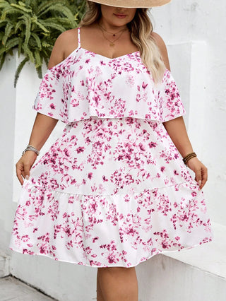 Vestido de vacaciones con estampado floral, sin tirantes, de manga corta, para tallas grandes, adecuado para vacaciones en la playa/campo, atuendo de playa