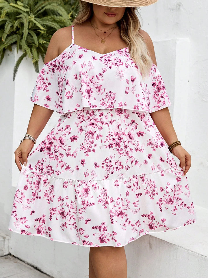 Vestido de vacaciones con estampado floral, sin tirantes, de manga corta, para tallas grandes, adecuado para vacaciones en la playa/campo, atuendo de playa