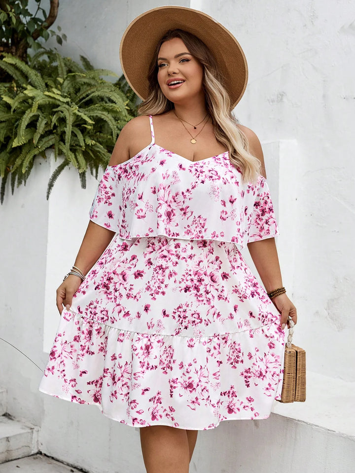Vestido de vacaciones con estampado floral, sin tirantes, de manga corta, para tallas grandes, adecuado para vacaciones en la playa/campo, atuendo de playa