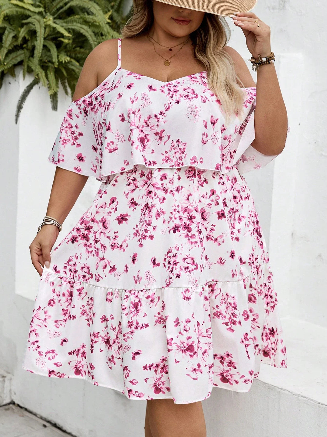 Vestido de vacaciones con estampado floral, sin tirantes, de manga corta, para tallas grandes, adecuado para vacaciones en la playa/campo, atuendo de playa