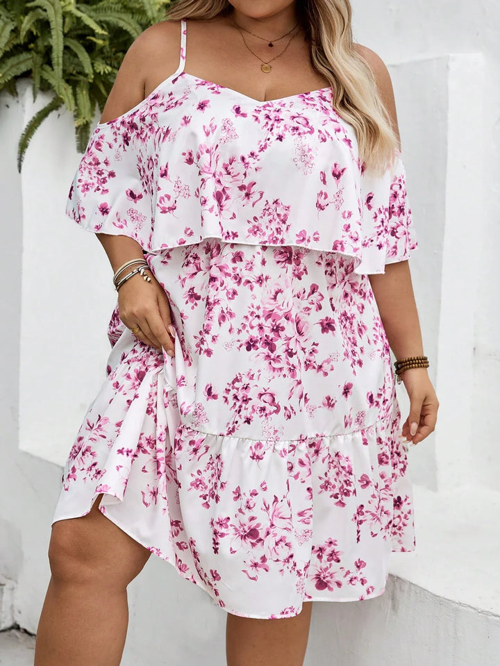 Vestido de vacaciones con estampado floral, sin tirantes, de manga corta, para tallas grandes, adecuado para vacaciones en la playa/campo, atuendo de playa