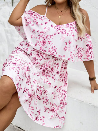 Vestido de vacaciones con estampado floral, sin tirantes, de manga corta, para tallas grandes, adecuado para vacaciones en la playa/campo, atuendo de playa