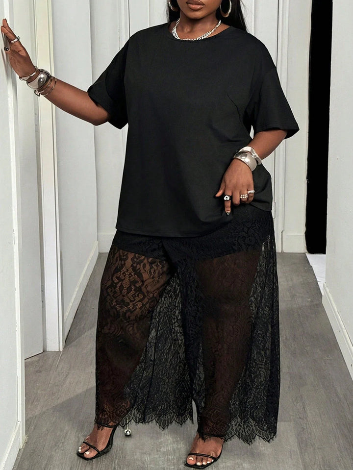 2 piezas Talla cómoda grande Mujer conjunto casual, camiseta negra cómoda y amplia + pantalones amplios de encaje