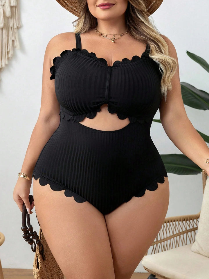 Traje de baño entero para mujer tallas grandes negro liso con volantes
