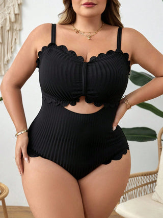 Traje de baño entero para mujer tallas grandes negro liso con volantes