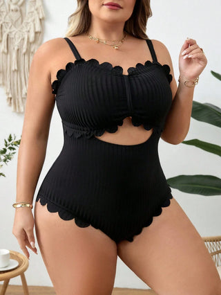 Traje de baño entero para mujer tallas grandes negro liso con volantes