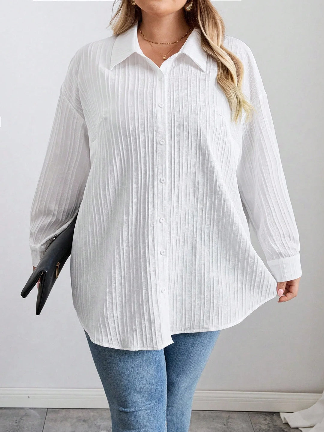 Blusa larga, casual, de manga larga, con textura blanca, para el otoño, tallas oversize