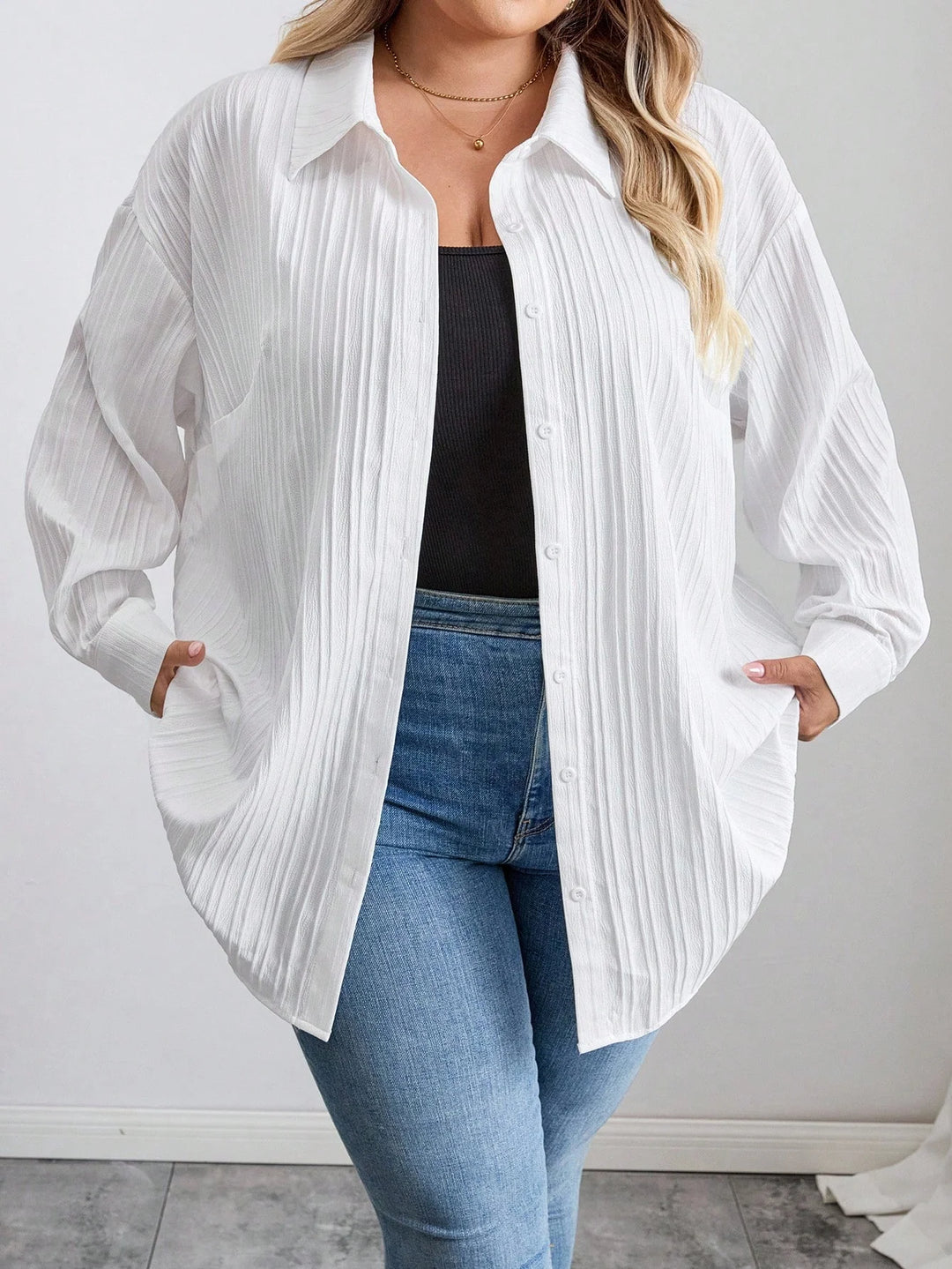 Blusa larga, casual, de manga larga, con textura blanca, para el otoño, tallas oversize