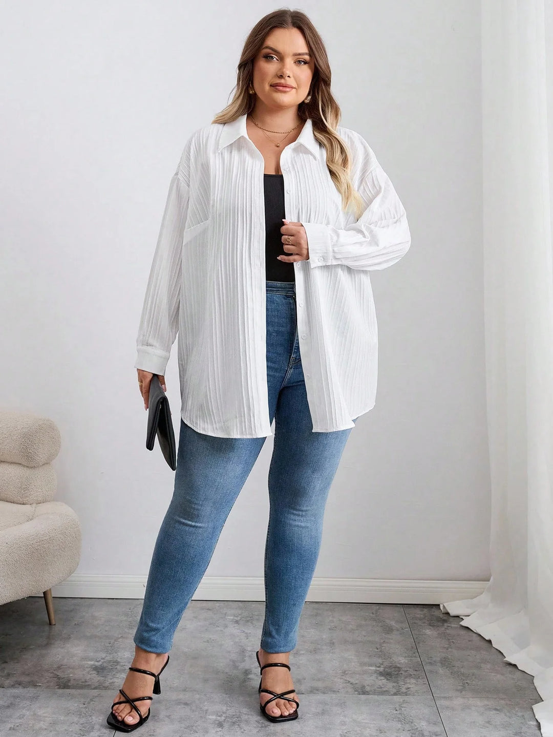 Blusa larga, casual, de manga larga, con textura blanca, para el otoño, tallas oversize