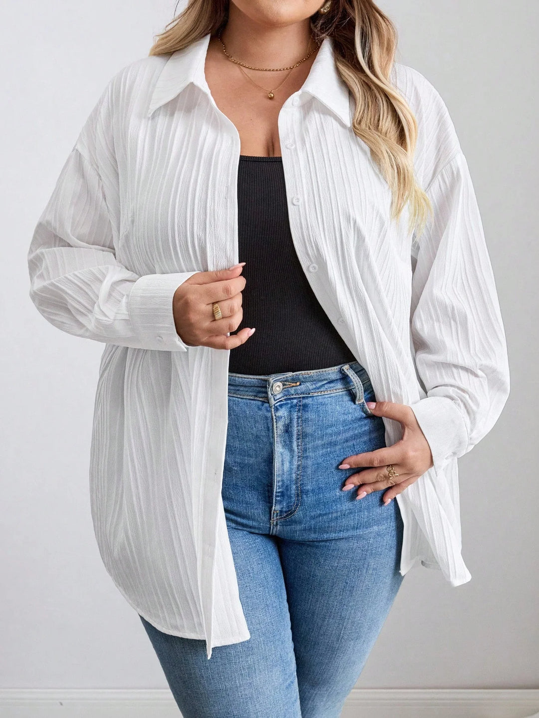 Blusa larga, casual, de manga larga, con textura blanca, para el otoño, tallas oversize