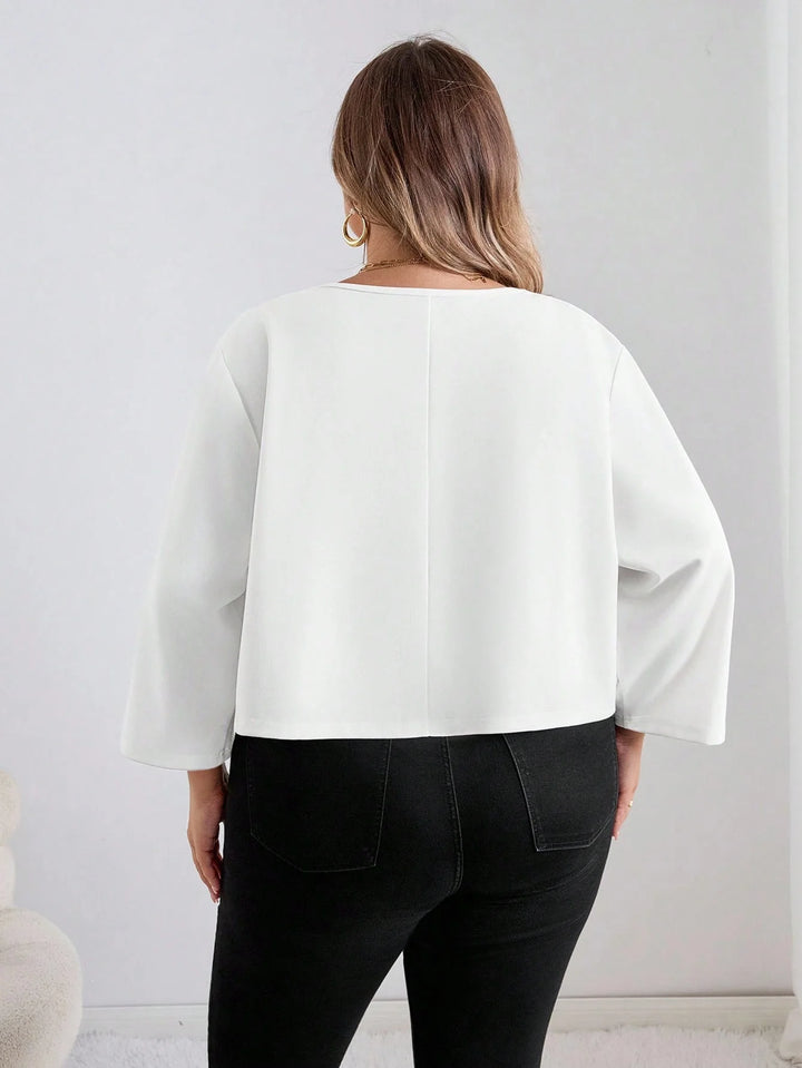 Chaqueta casual con mangas 3/4, plisada, con abertura frontal, de color sólido, para mujeres de tallas grandes