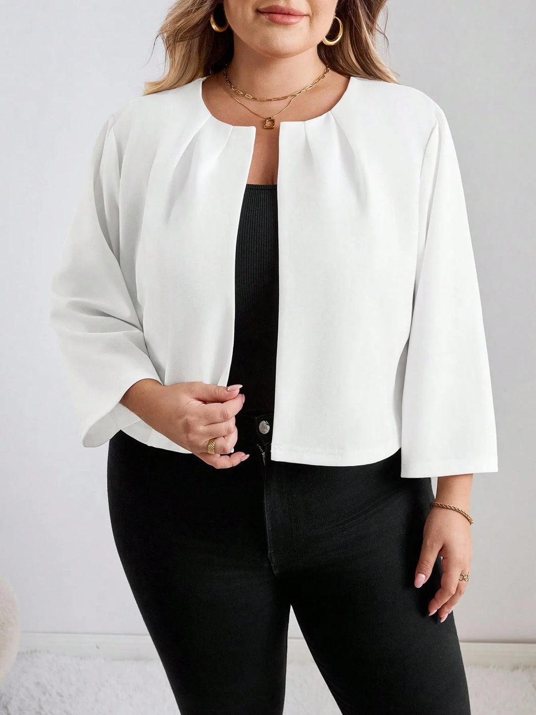 Chaqueta casual con mangas 3/4, plisada, con abertura frontal, de color sólido, para mujeres de tallas grandes