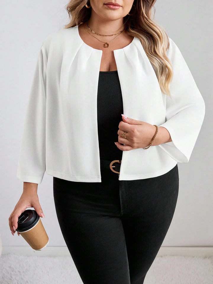 Chaqueta casual con mangas 3/4, plisada, con abertura frontal, de color sólido, para mujeres de tallas grandes